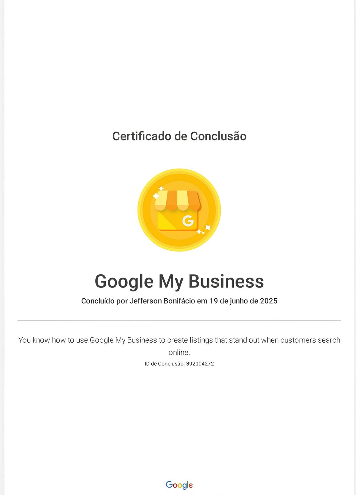 Certificado Google My Business ID 392004272
